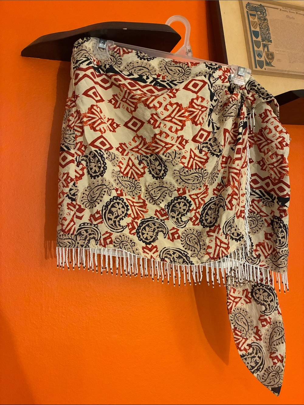 Zara Beige Mini Wrap Skirt with Red and Black Pattern
